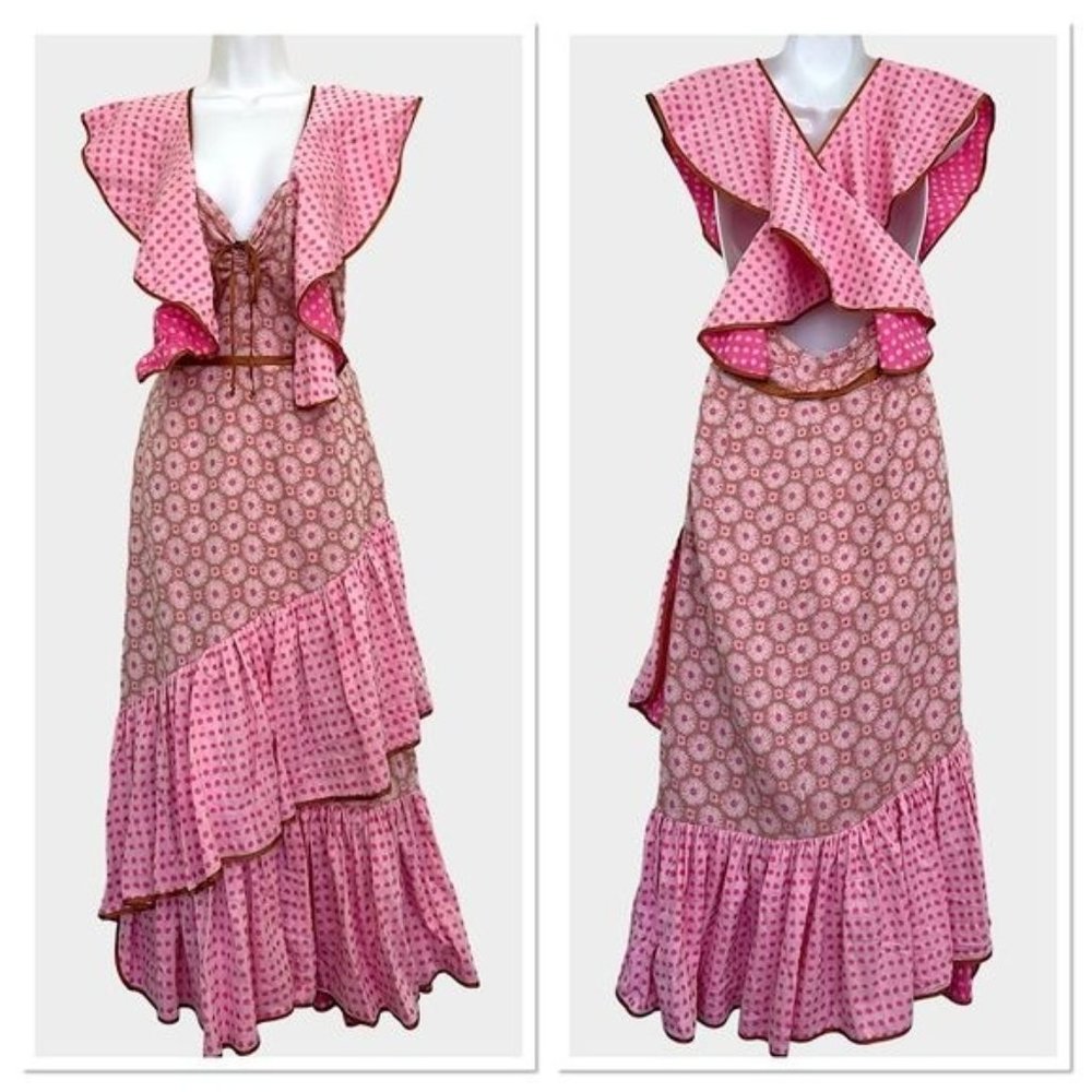 RAISSA Cottagecore Romantic Ruffle Maxi Dress in Pink Bronze Floral XS NWT